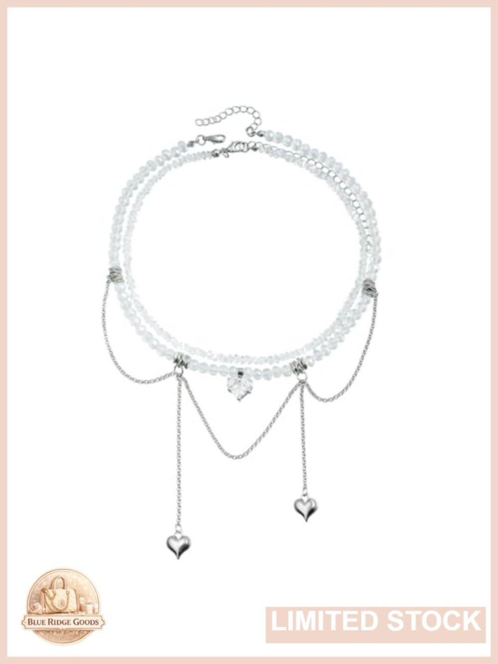 Layered Pearl Choker Necklace Silver-Tone Heart Tassel Women Jewelry